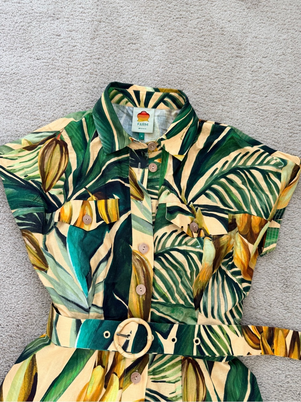 NWT FARM Rio Tropical Leaf Print Belted Jumpsuit — Green & Cream - Picture 4 of 16